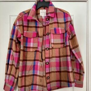 Avec Les Filles Pink and Brown Plaid Button Down Shirt